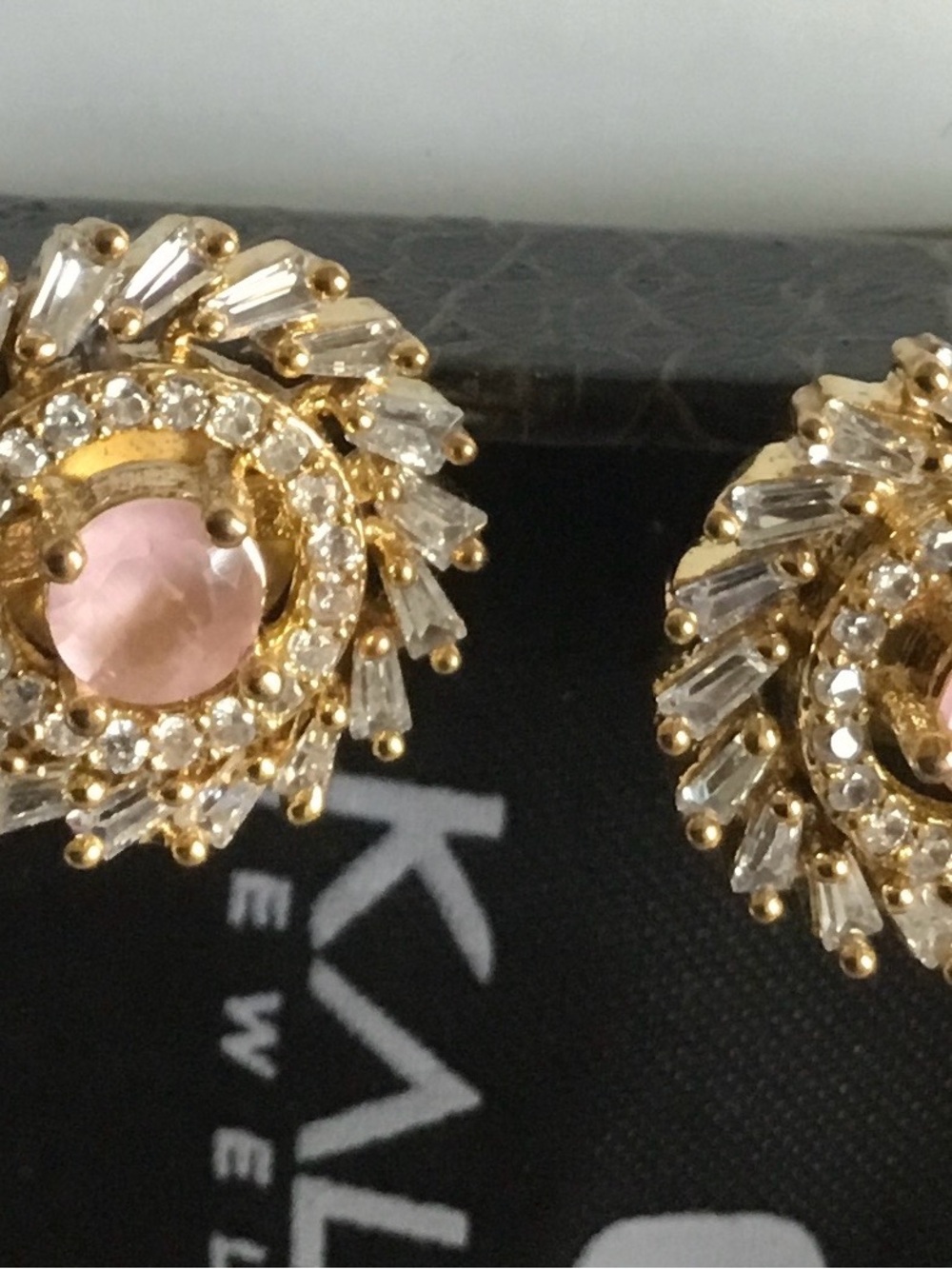 Gold-Tone Cluster Earrings with Pink Center Stone